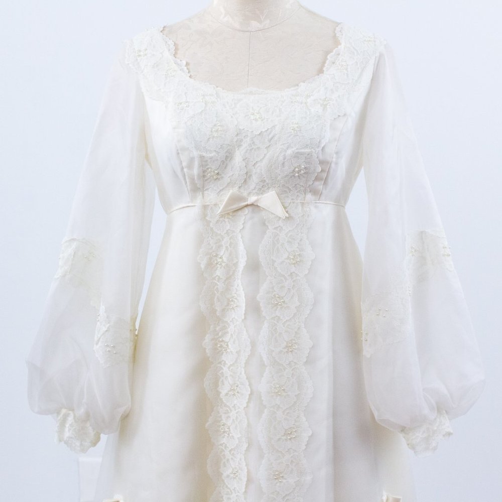 Wedding Dress Vintage 70s 6 Boho Long Sleeve Full Princess Bridal Gown Ivory - Picture 4 of 14